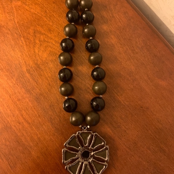 Black and Olive Large Beaded Necklace with Large Medallion - Picture 4 of 6